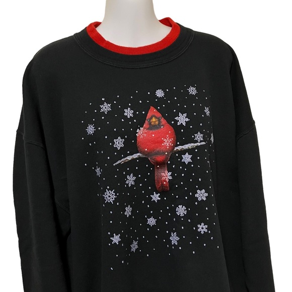 Vintage Morning Sun Red Cardinal Bird Snowflake Double Collar Holiday Sweatshirt - Picture 5 of 8